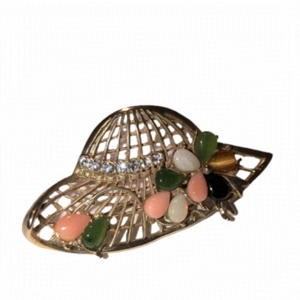 VTG Sunhat Brooch Opal Coral Jade Tigers Eye Onyx Gemstones & Rhinestones 2โ